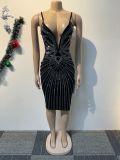Women Sexy Beaded V-Neck Bodycon Split Dress