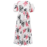Women Sexy Off Shoulder Pleated Print Summer Print Long Dress