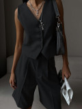 Women v-neck single-breasted vest + shorts two-piece set