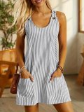Women Round Neck Pocket Striped Button Casual Dress