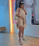 Women Summer Solid Slit Short Sleeve Top and Shorts Two-piece Set