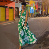 Women Summer Print Lace-Up Maxi Dress