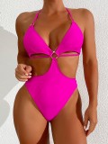 Women Solid Bikini Metal Ring Sexy One-Piece Swimwear
