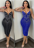 Women Sexy Beaded V-Neck Bodycon Split Dress