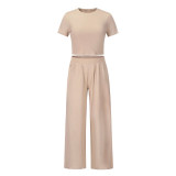 Casual Fashion Short-Sleeved T-Shirt Pocket Loose Wide-Leg Pants Two-Piece Set