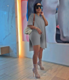 Women Summer Solid Slit Short Sleeve Top and Shorts Two-piece Set