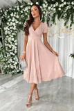 Women Career Solid V-Neck Puff Sleeve Dress
