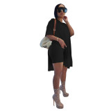 Women Summer Solid Slit Short Sleeve Top and Shorts Two-piece Set