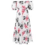 Women Sexy Off Shoulder Pleated Print Summer Print Long Dress