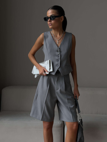 Women v-neck single-breasted vest + shorts two-piece set