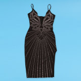 Women Sexy Beaded V-Neck Bodycon Split Dress
