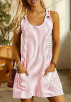 Women Round Neck Pocket Striped Button Casual Dress