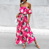 Women Sexy Off Shoulder Pleated Print Summer Print Long Dress