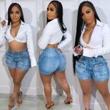 Women Washed Stretch Cargo Denim Shorts