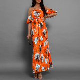 Women Sexy Off Shoulder Pleated Print Summer Print Long Dress