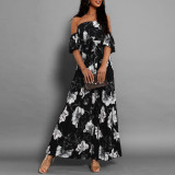 Women Sexy Off Shoulder Pleated Print Summer Print Long Dress