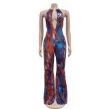 Women Printed Sleeveless V Neck Color Block Backless Jumpsuit