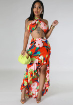 Women Summer Top and Ruffled Slit Skirt Two-piece Set