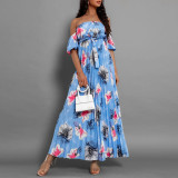 Women Sexy Off Shoulder Pleated Print Summer Print Long Dress