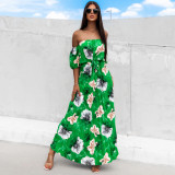 Women Sexy Off Shoulder Pleated Print Summer Print Long Dress