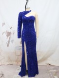 Women One Shoulder Sleeve Bodycon Slit Sequin Formal Party Evening Dress