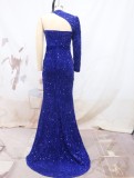 Women One Shoulder Sleeve Bodycon Slit Sequin Formal Party Evening Dress