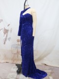 Women One Shoulder Sleeve Bodycon Slit Sequin Formal Party Evening Dress