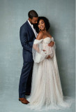 Women's Patchwork Mesh Beading Off Shoulder Maternity Long Dress