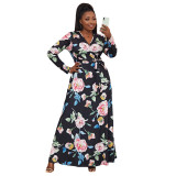 Spring And Summer Plus Size Floral Printed Long Sleeve Wrap Women's Maxi Dress