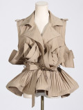 Spring Summer Fashionable Chic Khaki V-Neck Pleated Patchwork Sleeveless Lace-Up Women's Shirt