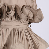 Spring Summer Fashionable Chic Khaki V-Neck Pleated Patchwork Sleeveless Lace-Up Women's Shirt