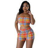 Women's Plaid Contrast Color Strapless Sexy Fashion Two Piece Shorts Set