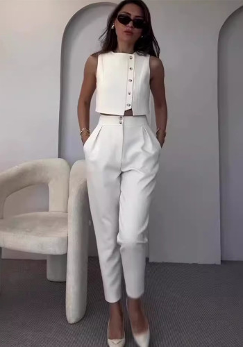 Summer Sleeveless Vest Top High Waist Straight Leg Pants Solid Color Two-Piece Set