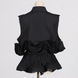 Spring Summer Fashionable Chic Khaki V-Neck Pleated Patchwork Sleeveless Lace-Up Women's Shirt