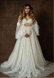 Women's Patchwork Mesh Beading Off Shoulder Maternity Long Dress
