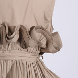 Spring Summer Fashionable Chic Khaki V-Neck Pleated Patchwork Sleeveless Lace-Up Women's Shirt