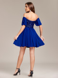 Women's Off Shoulder Low Back Chiffon Patchwork Sequin Midi Prom Dress