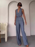 Summer Cross Slim Sleeveless Vest High Waist Wide Leg Pants Two Piece Set