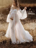 Women's Patchwork Mesh Beading Off Shoulder Maternity Long Dress