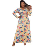 Spring And Summer Plus Size Floral Printed Long Sleeve Wrap Women's Maxi Dress