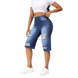 Summer Ripped Denim Pants Women's Three-Point Straight Leg Loose Trendy Midi Jeans