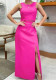 Summer Solid Color Round Neck Sleeveless Top High Waist Slit Skirt Set