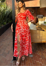 Slash-Shoulder Chic Women's Bubble Half-Sleeve High Slit Sexy Long Dress Slash-Shoulder Chic Women's Bubble Half-Sleeve High Slit Sexy Long Dress