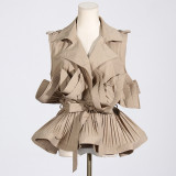 Spring Summer Fashionable Chic Khaki V-Neck Pleated Patchwork Sleeveless Lace-Up Women's Shirt