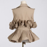 Spring Summer Fashionable Chic Khaki V-Neck Pleated Patchwork Sleeveless Lace-Up Women's Shirt