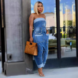 Denim Cargo Multi-Pocket Patchwork Loose Strapless Jumpsuit
