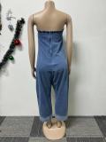 Denim Cargo Multi-Pocket Patchwork Loose Strapless Jumpsuit