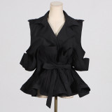 Spring Summer Fashionable Chic Khaki V-Neck Pleated Patchwork Sleeveless Lace-Up Women's Shirt