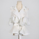 Spring Summer Fashionable Chic Khaki V-Neck Pleated Patchwork Sleeveless Lace-Up Women's Shirt