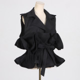 Spring Summer Fashionable Chic Khaki V-Neck Pleated Patchwork Sleeveless Lace-Up Women's Shirt